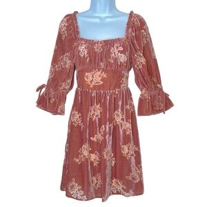 Lait Collection Velvet Burnout Milkmaid Mini Dress Womens S Brown Puff Sleeve